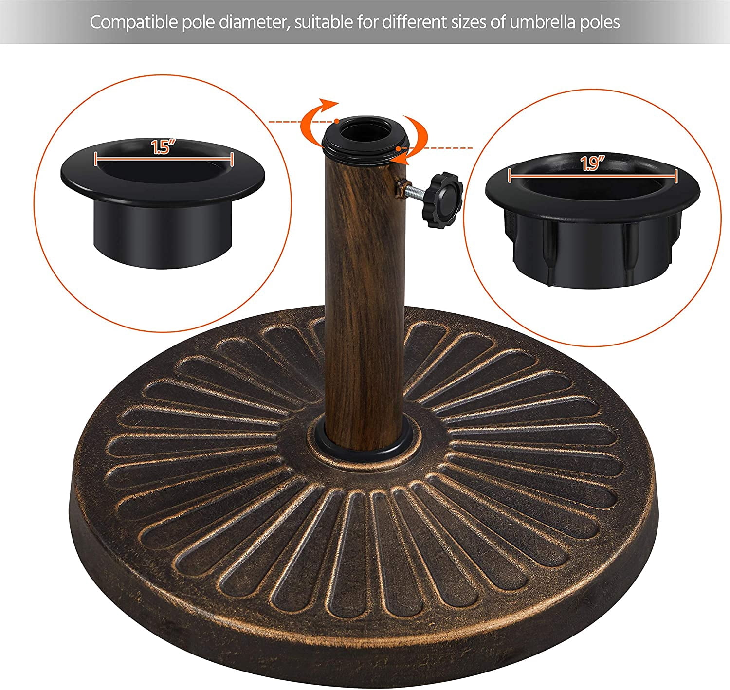 HJTER Round Umbrella Base 18'' Heavy Duty Outdoor Umbrella Stand for Patio, Outdoor, Garden, Lawn - Bronze
