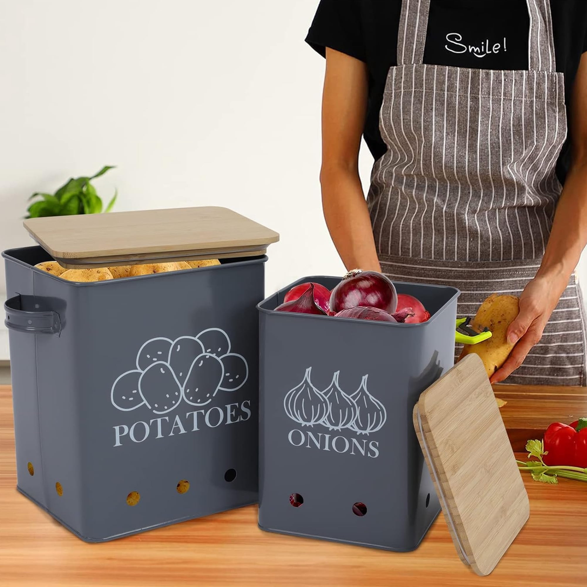 Brabtod 2 Pack Kitchen Storage Container,Potato Onion Storage Canister,Metal Vegetable Fresh Keeper Caddy,Kitchen Pantry Organizer Jars with Bamboo Lid and Aerating Holes,Gray