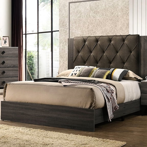 Bedroom Furniture Queen Size Bed, Gray, Headboard, Rubberwood Contemporary