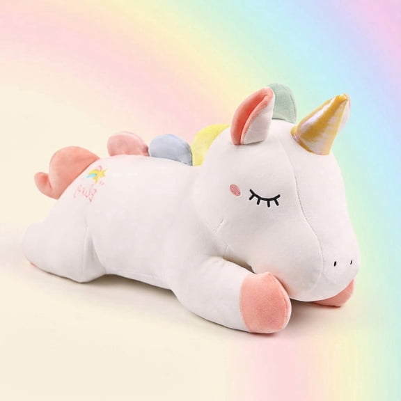 White Unicorn Plush Pillow, 24in Soft Cuddle Pillow, Cute Closed-Eye Design Decorative Pillow for Bedroom, Living Room and Office