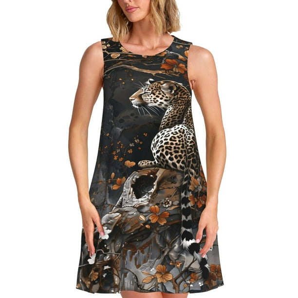 Disketp Leopard On Tree Branch para Vestido sin Mangas para Mujeres, Vestidos de Verano para Mujeres, Casual y Holgado para la Playa