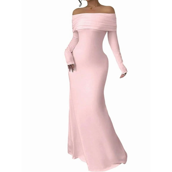 Women'S Long Sleeve Off the Shoulder Bodycon Dress Elegant Maxi Dress Cocktail Prom Dresses Pink L