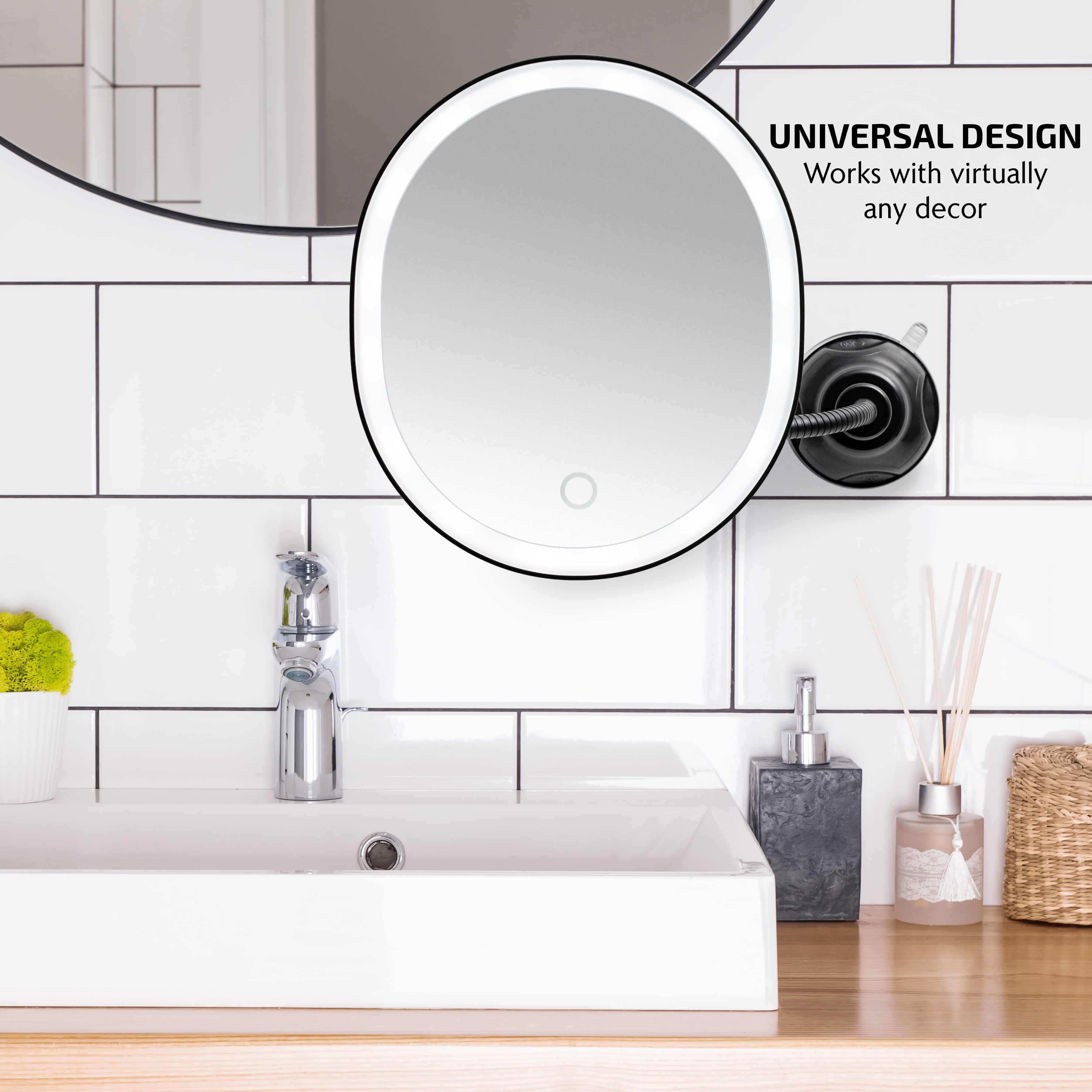 Ovente 8.5'' Lighted Makeup Mirror, Rechargeable Swivel Gooseneck with Attachable Suction Cup Mount, 10X Magnetic Mini Magnifier, Dimmable LED, for Bathroom, Home & Travel, USB Powered, Black MOW22B