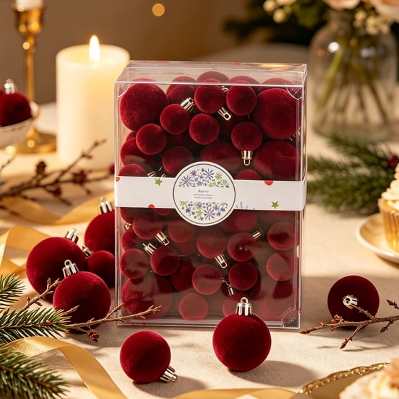 42 Pcs Burgundy Flocked Christmas Balls, Shatterproof Velvet Christmas Tree Balls Ornaments, Plastic Xmas Hanging Baubles for Holiday Tree Home Decor