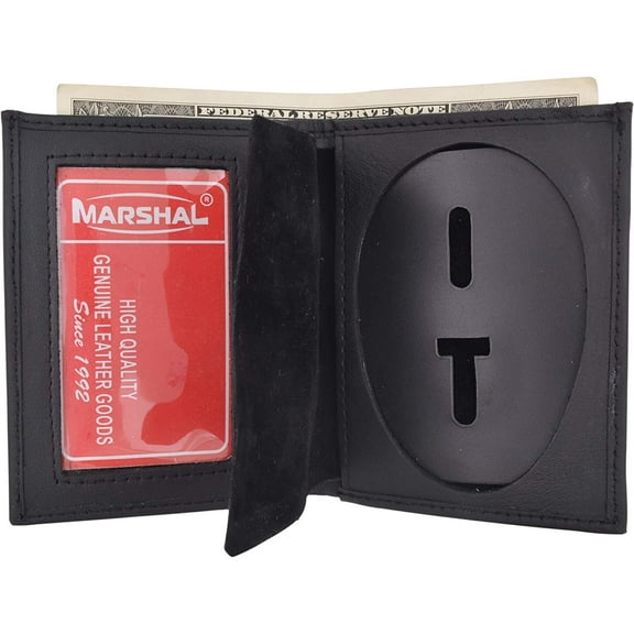 Bi-Fold Badge Holder Wallet, Shield Style with ID Window Leather, Black