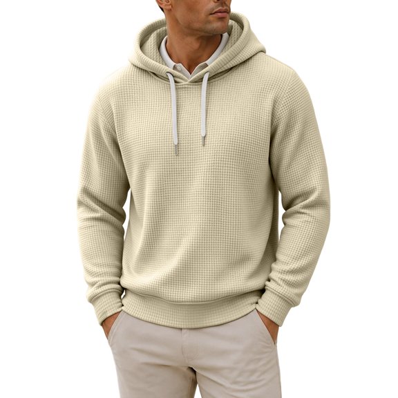 Ozmmyan Plus Size Mens Waffle Knit Hooded Long Sleeve Relaxed Fit Casual Pullover Hoodie Fall Winter