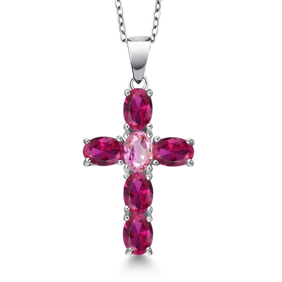 Gem Stone King 925 Sterling Silver Red Created Ruby and Pink Sapphire Cross Pendant Necklace for Women | 3.10 Cttw | Gemstone July Birthstone | Oval 6X4MM | With 18 inch Chain