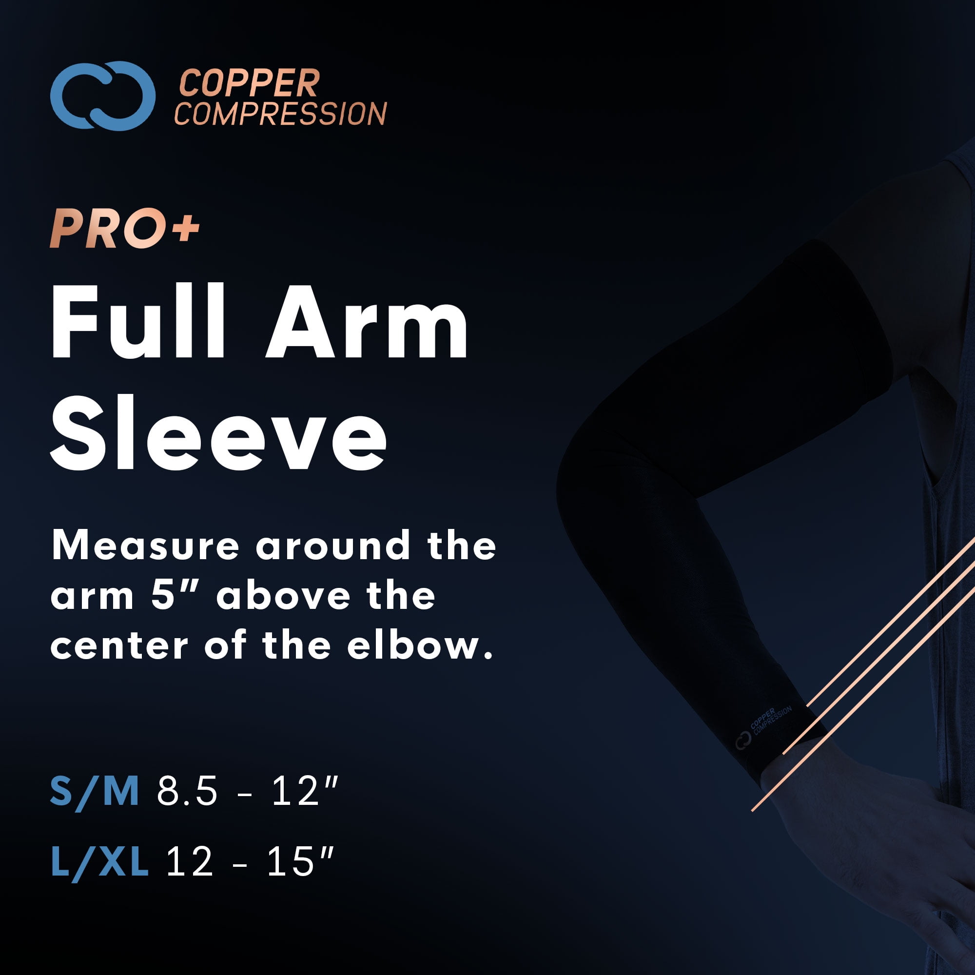 (2 pack) Copper Compression PRO+ Performance Full Arm Sleeve: Compression for Tendonitis, Arthritis & Forearm Strain. Black, Unisex, Nylon/Spandex Fabric L/XL