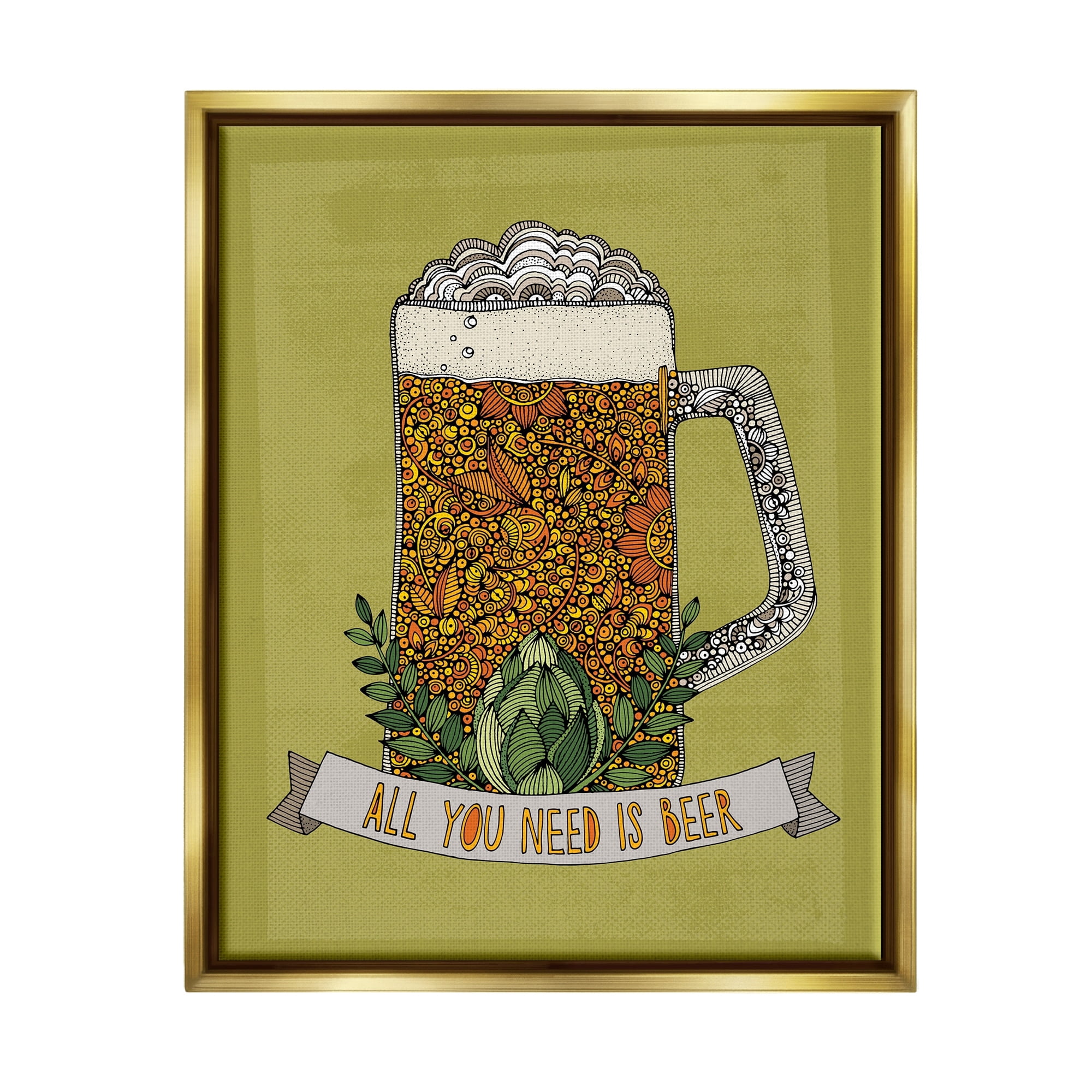 Stupell Industries All You Need Is Beer Floral Pattern Stein Mug Graphic Art Metallic Gold Floating Framed Canvas Print Wall Art, Design by Valentina Harper