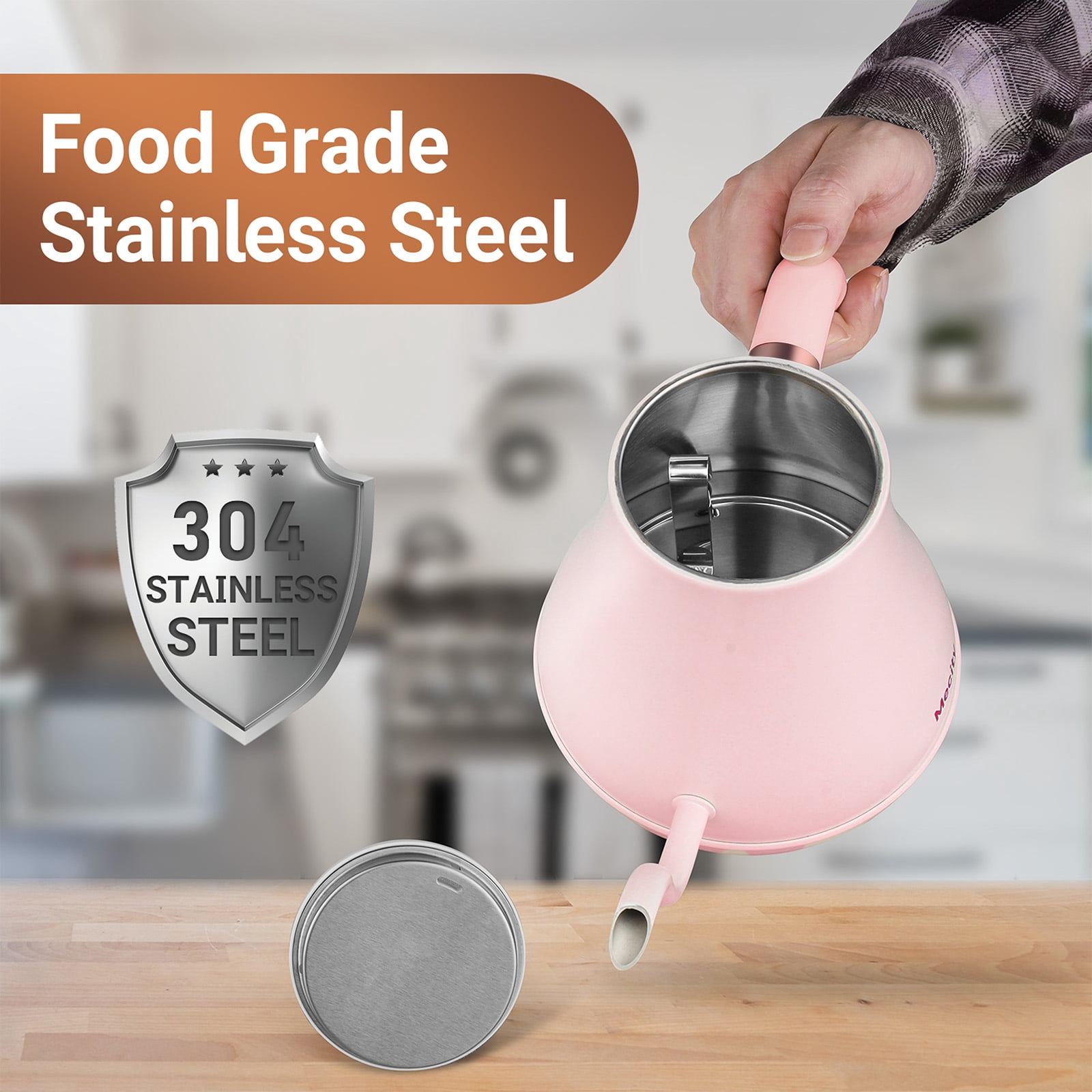Mecity Basic Gooseneck Kettle, Stainless Steel, Fast Heating, Auto Shut Off, 0.8 L, 1000W, Pink