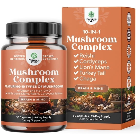 Natures Craft Mushroom Complex, Adaptogenic Mushroom Blend for Focus & Brain Health, 30 Capsules