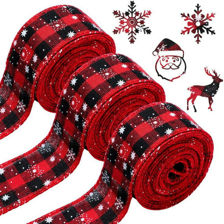 2 Rolls Red and Black Plaid Burlap Ribbon Wired Ribbon Christmas Wrapping  Ribbon for Christmas Crafts Decoration, Floral Bows Craft, 472 by 1.9  Inches 