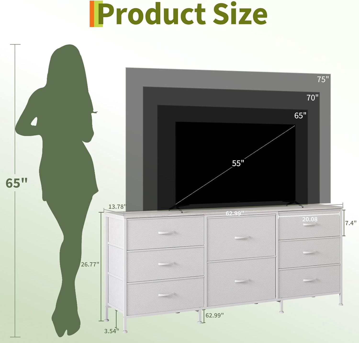 63 Inch TV Stand Dresser for Bedroom, 8 Fabric Drawers, for 65 70 75 Inch TV, Entertainment Center with Storage Media TV Console Table
