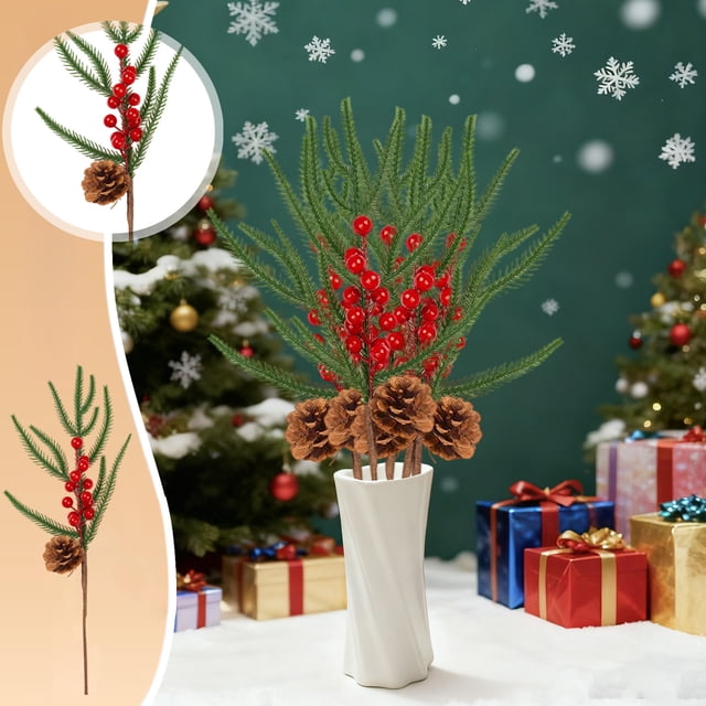 Aodebiao Tiges de Verdure de Pin Artificielles Réalistes avec Baies et Cônes Rouges, Branches Flexibles pour Couronnes de Noël, Centres de Table, Déco Maison et Mariage, Arrangements de Feuillage Réalistes
