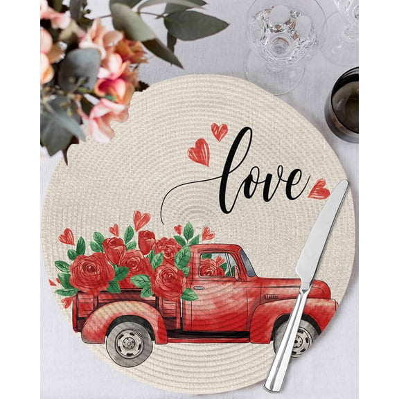 13 Inch Round Placemats Set of 4, Valentines Day Non Slip Heat Insulation PP Table Mats, Red Truck Rose Flowers Farmhouse Beige Washable Place Mats for Kitchen Dining Party Table Decor