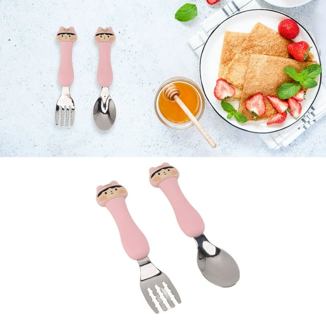 Fork Spoon Kit, Fork Cute Cartoon Cartoon Fork Spoon Cartoon Tableware Shaped Spoon PP Handle Stainless Steel Tableware for Feeding Training
