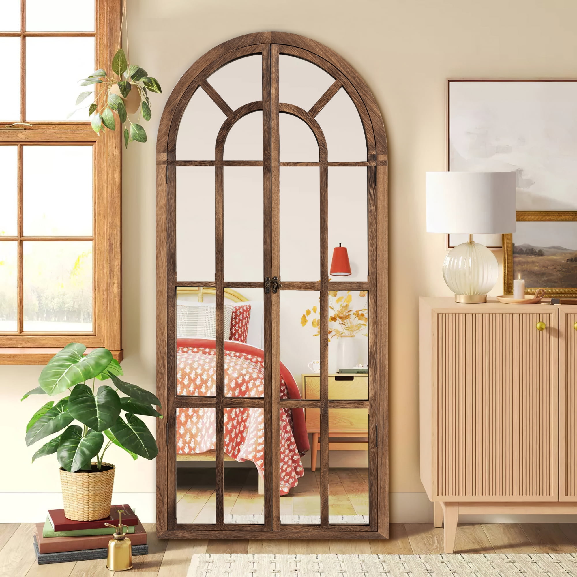 71"x32" Modern Arched Foldable Window Mirror Full Length Mirror Floor Mirror,Browen