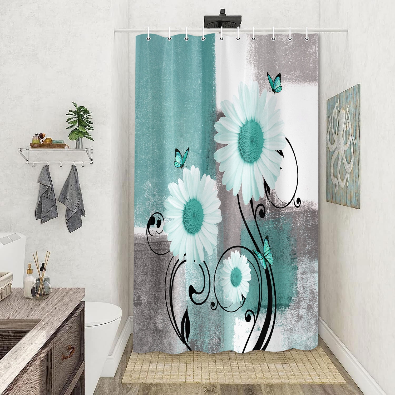 Farmhouse Daisy Shower Curtain - Green Gray Abstract Floral Bathroom Decor with White Flowers, Washable Fabric Modern Design, 54x70 Inch