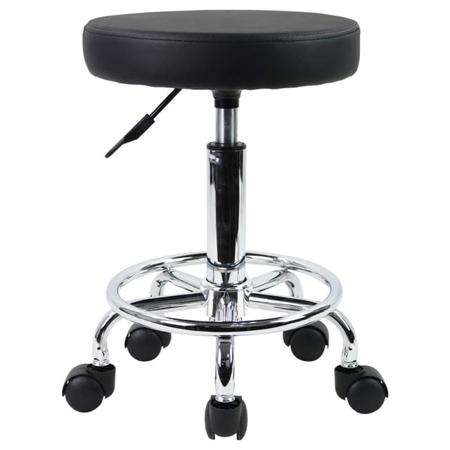 PU Taburete rodante Redondo de Cuero con reposapiés Ajuste de Altura Giratorio SPA Salón de Dibujo Trabajo de Tatuaje Taburetes de Masaje de Oficina Silla de Trabajo (Negro)