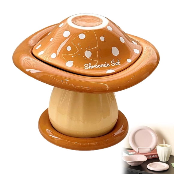 Pekkaxy Mushroom Dinnerware Set, 4-Piece Ceramic Bowl Plate Cup Saucer, Whimsical Table Setting for Breakfast and Desserts