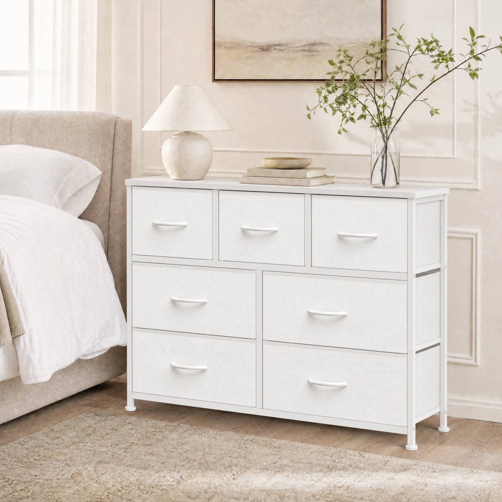 Telyra 7-Drawer Fabric Dresser TV Stand Organizer with Wood Top and Metal Frame Wide Storage Chest, White