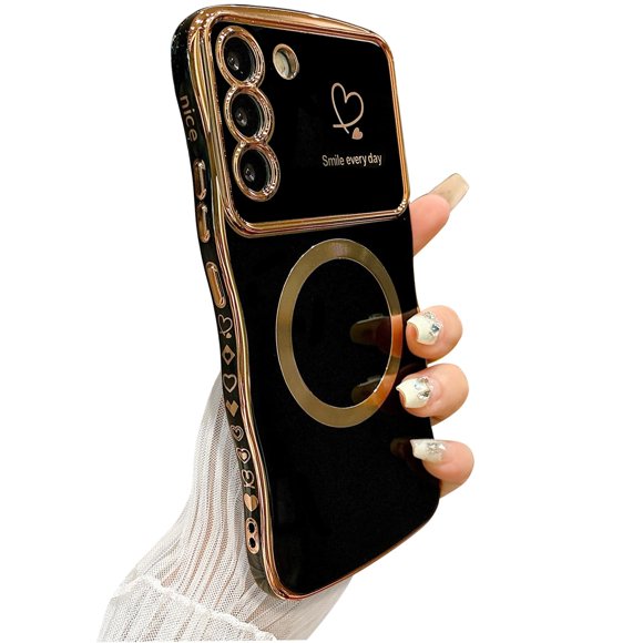 Zonrw Para Samsung Galaxy S22 Plus Funda Magnética Para Mujeres Niñas Suave Lindo Marco De Onda Forma Rizada Corazón De Amor Funda De Teléfono Con Chapado De Lujo Compatible Con Magsafe Contraportada