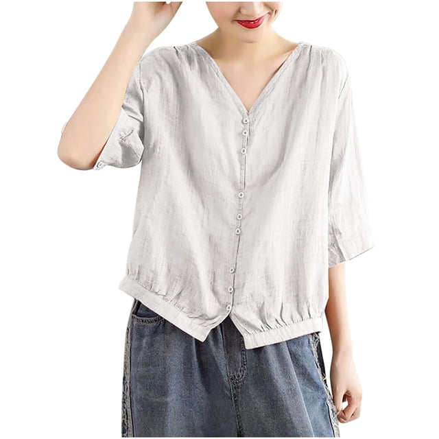 V Cuello Blusas para las Mujeres, de Moda Retro Bordado Cuello Redondo Cinco Cuartos de Manga para el Uso Casual