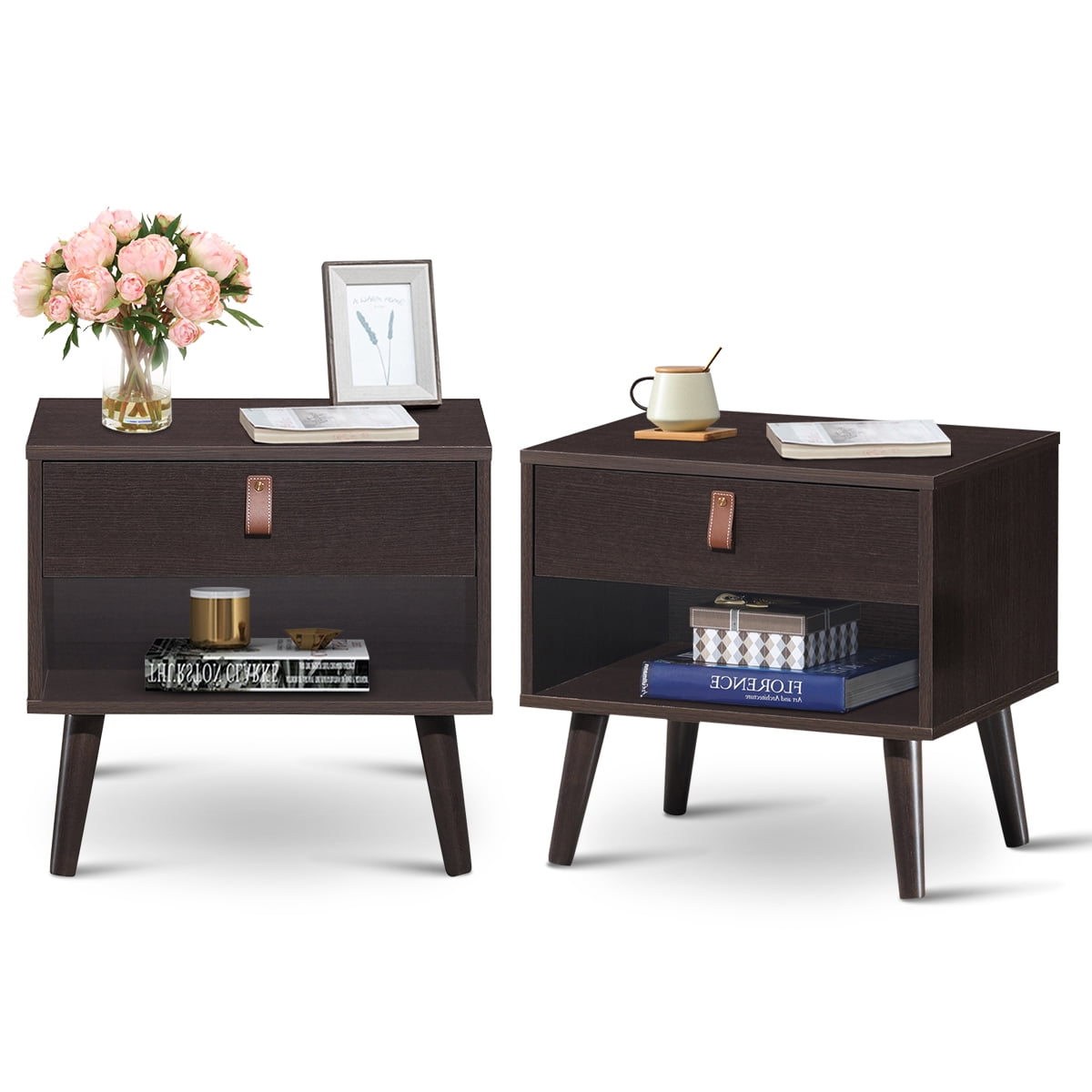 Topbuy Set of 2 Retro Wood Nightstand with Storage Drawer End Bedside