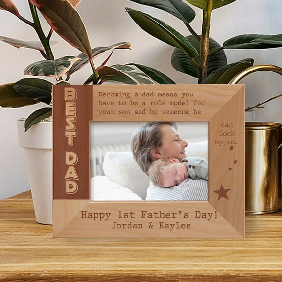 Best Dad Happy 1st Father's Day! Personalized Wooden Framea-5" x 3 1/2" Brown Horizontal
