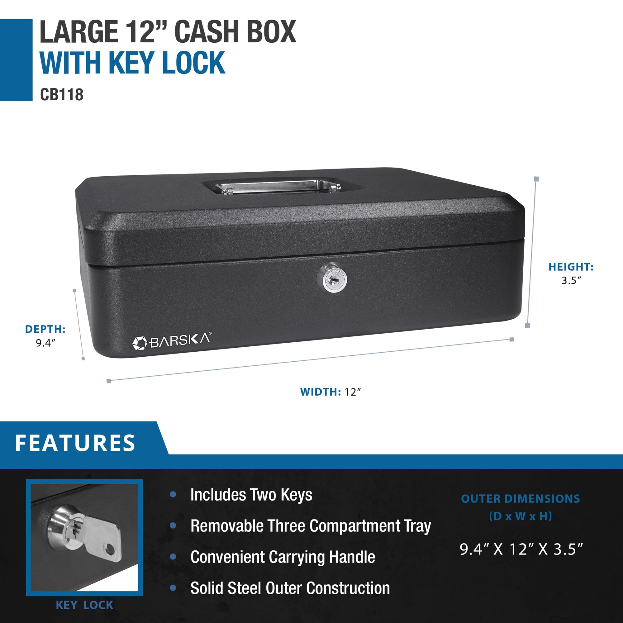 BARSKA 12-Inch Cash Box with Key Lock , Black CA2