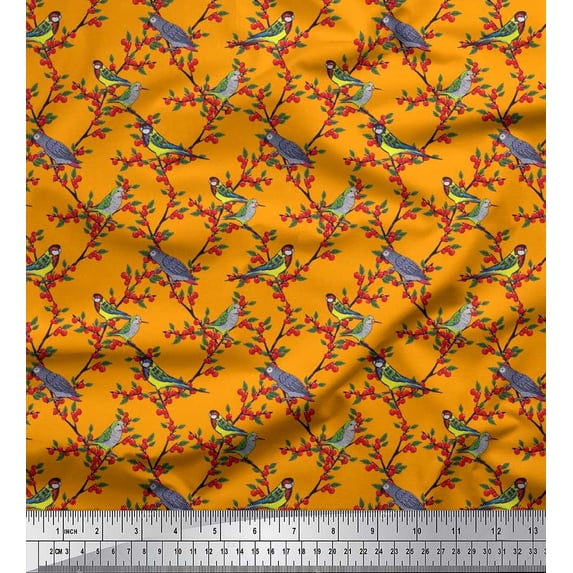 Soimoi Poly Georgette Fabric Leaves,Red Berries & Parrot Bird Print Fabric by the Yard 52 Inch Wide