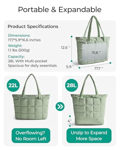 BAGSMART Expandable Tote Bag for Women, Puffer Small tote bag with Zipper, Travel Tote Bags Casual Handbags Nurse Bag, Green