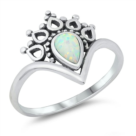 Teardrop White Simulated Opal V Shape Victorian Ring Sterling Silver Size 7