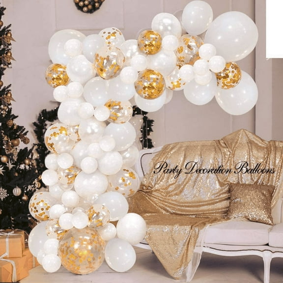 AOWEE White Gold Balloon Arch Garland Kit, White Gold Balloon and Gold Confetti Transparent Balloon for Wedding Anniversary Baby Shower Bridal Shower Graduation