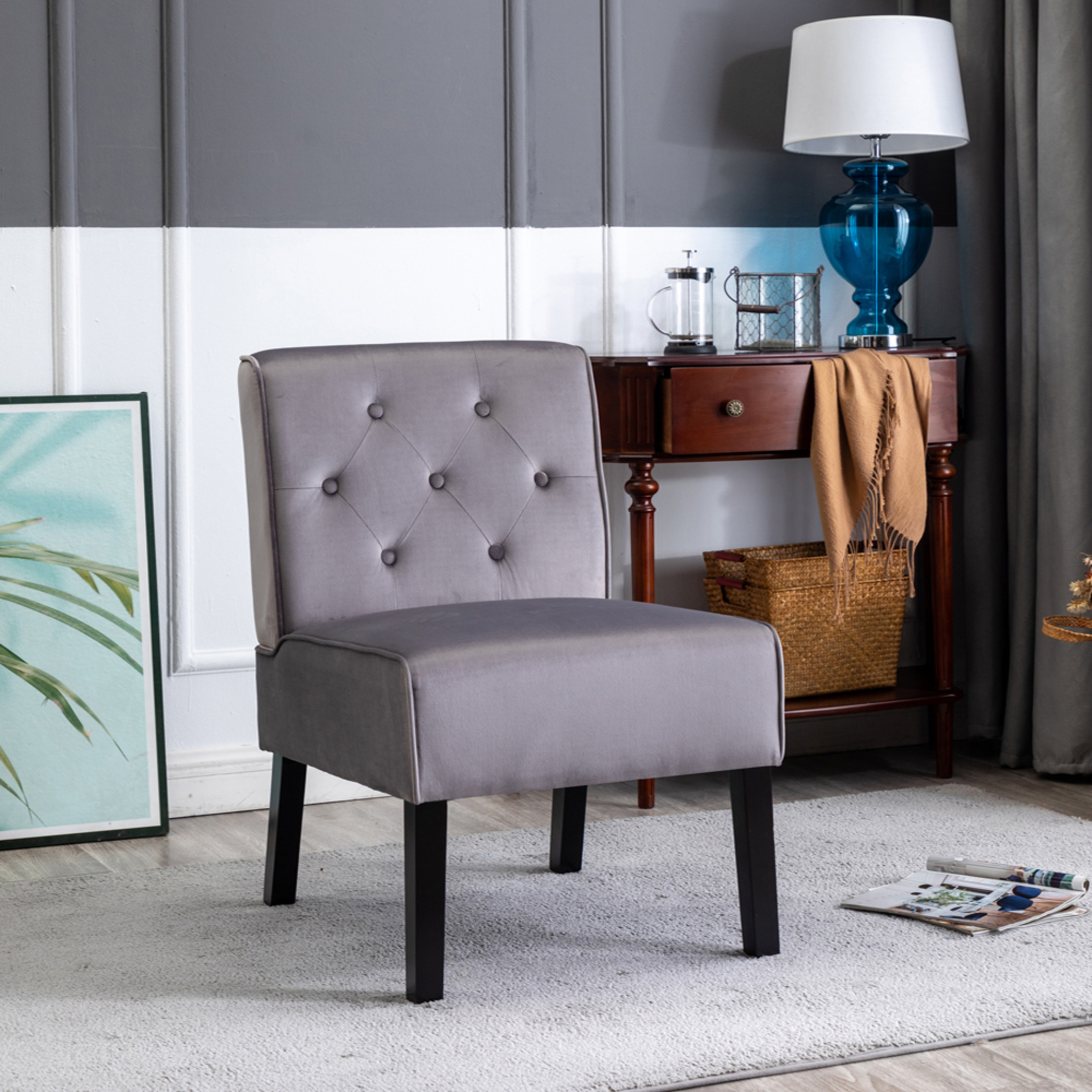 GDF Studio 21" Modern Accent Chairs Set of 2 with Button Tufted Velvet Upholstery, Tapered Wood Legs, Gray