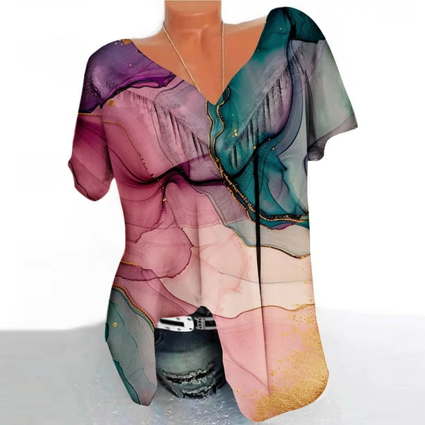Fiudx Ofertas Del Día Blusa Estampada con Cuello En V y Mangas Cortas Informales para Mujer a La Moda, Blusas con Pliegues