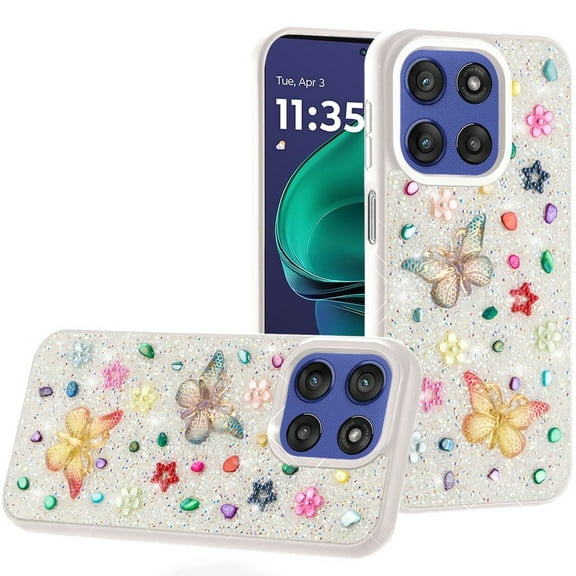 For Moto G Stylus 5G 2026/2025 Butterfly Ornaments Diamond Bling Glitter Hybrid Case - White