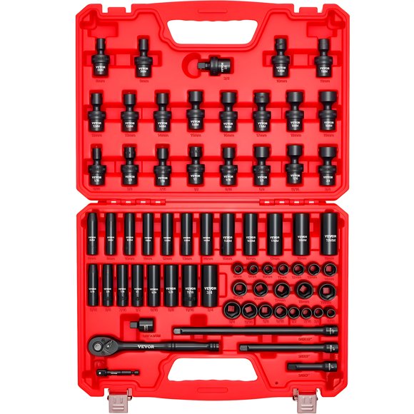 VEVOR 3/8 in Drive Impact Socket Set, 67 Piece, 6 Point Shallow & Deep Impact Sockets, SAE (5/16 in to 3/4 in) and Metric (8 mm to 19 mm), Swivel Sockets