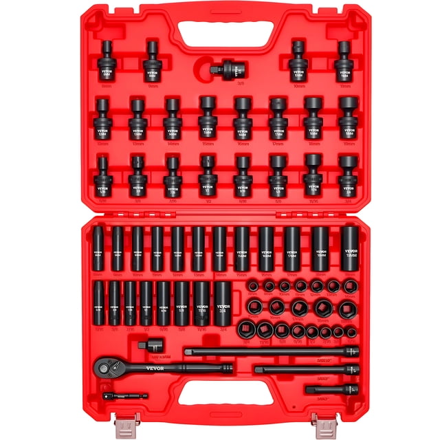 Juego de dados de impacto VEVOR de 3/8", 67 piezas, 6 puntas, SAE (5/16" a 3/4") y métrico (8 mm a 19 mm), dados giratorios, adaptadores, acero Cr-V y Cr-Mo, estuche de transporte.