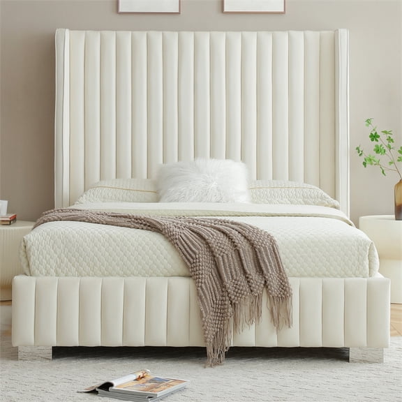 Jeffrey Queen Size Velvet Upholstered Bed Frame in Cream