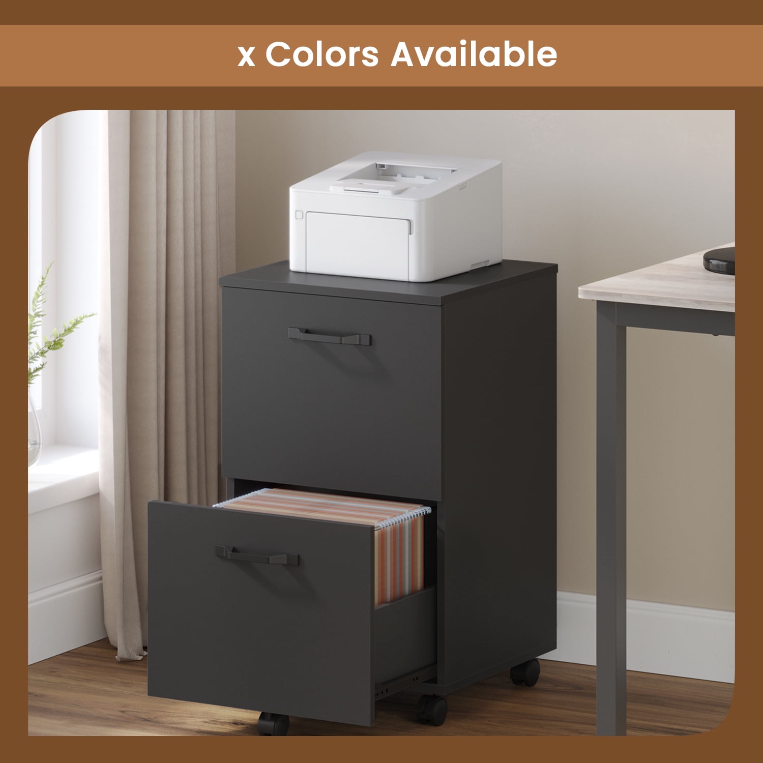 LEDREM 2-Drawer Rolling Storage Unit – Wood File Cabinet with Steel & Particleboard Construction, for Office, Holds A4/Letter Folders, 5 Swivel Casters with Brakes, Supports 77 lbs, Matte Black