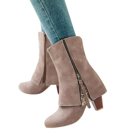 

ZXHACSJ Vintage Boots Short Boots Thick High Heel Middle Boots Women s Short Boots Beige 41