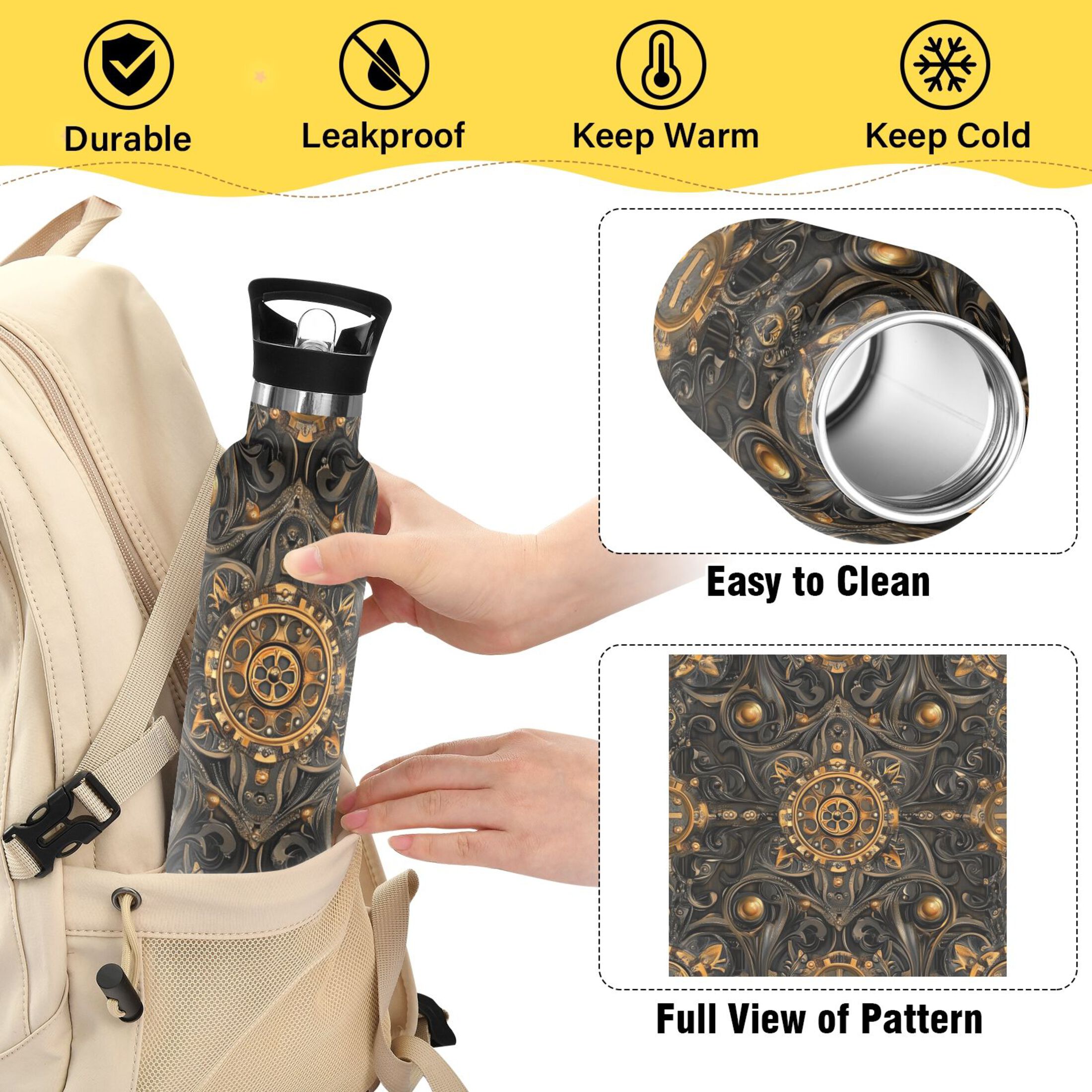 600ML Stainless Steel Insulated Cup Sports Water Bottle Portable Thermos Cup Water Glasses Insulated Tumblers Convenient and Durable Steampunk Style Gears