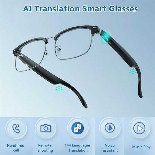 Ai Translator Glasses, Gafas Bluetooth Inteligentes Traductoras Compatibles con Traducción en Línea en 144 Idiomas, Carga Magnética, Disparo Remoto, Música de Oído Abierto y Llamadas Manos Libres