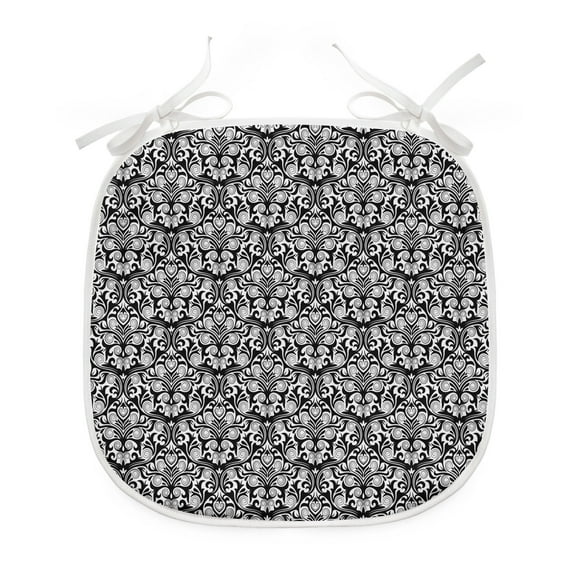 Black and White Dining Chair Pad, Scroll Curly Leaves and Petals with Swirl Details Monochrome Design, Water Resistant Pillow with Straps for Kitchen Seats, 4 Pieces Set, Black and White, by Ambesonne