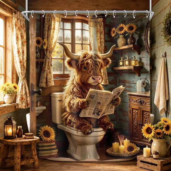 Rustic Highland Cow Funny Farmhouse Shower Curtain, 71 x 71 inches, Waterproof Fabric, with Hooks, for Bathroom Decor
