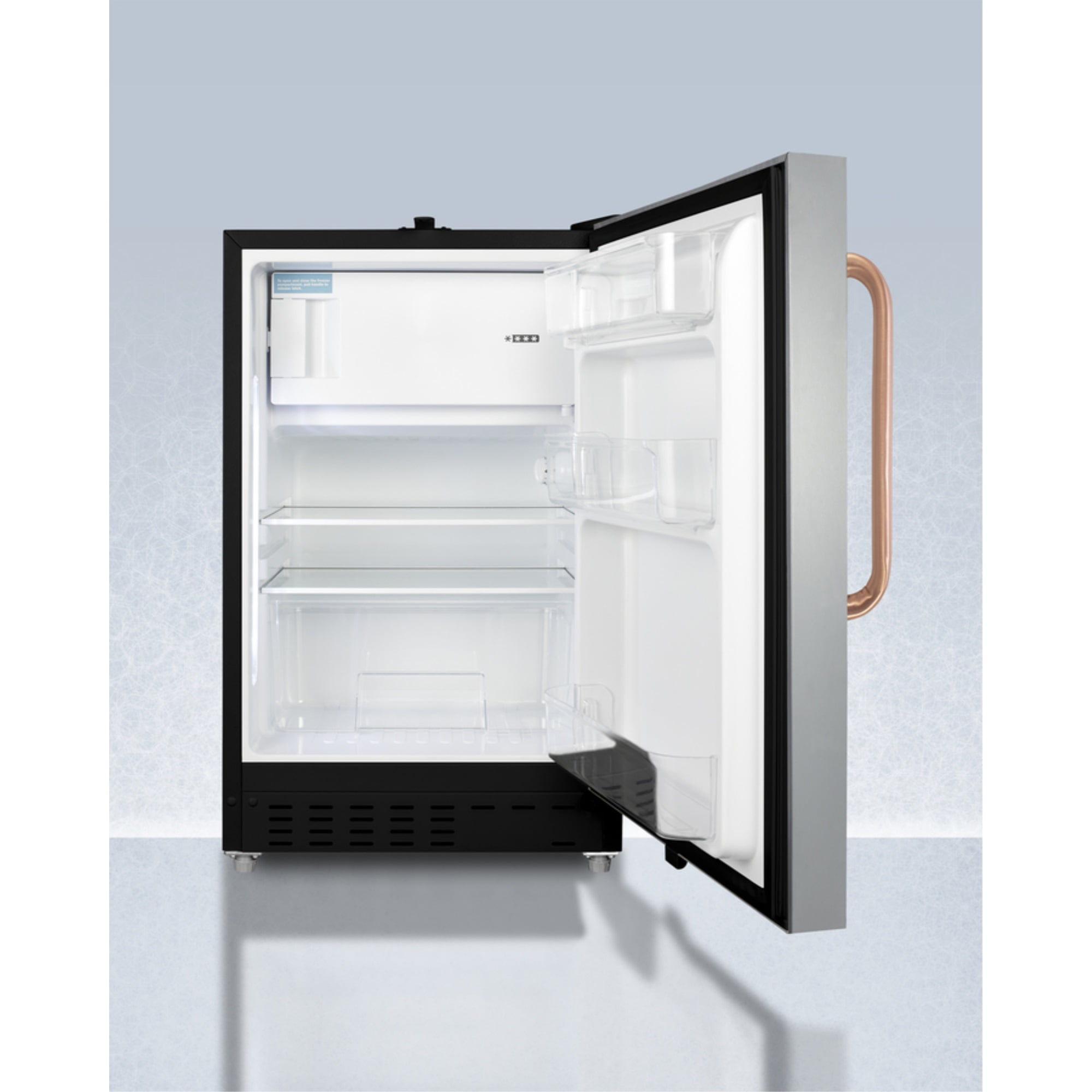 20" wide built-in undercounter ADA compliant refrigerator-freezer with a stainless steel door, front lock, and copper handle
