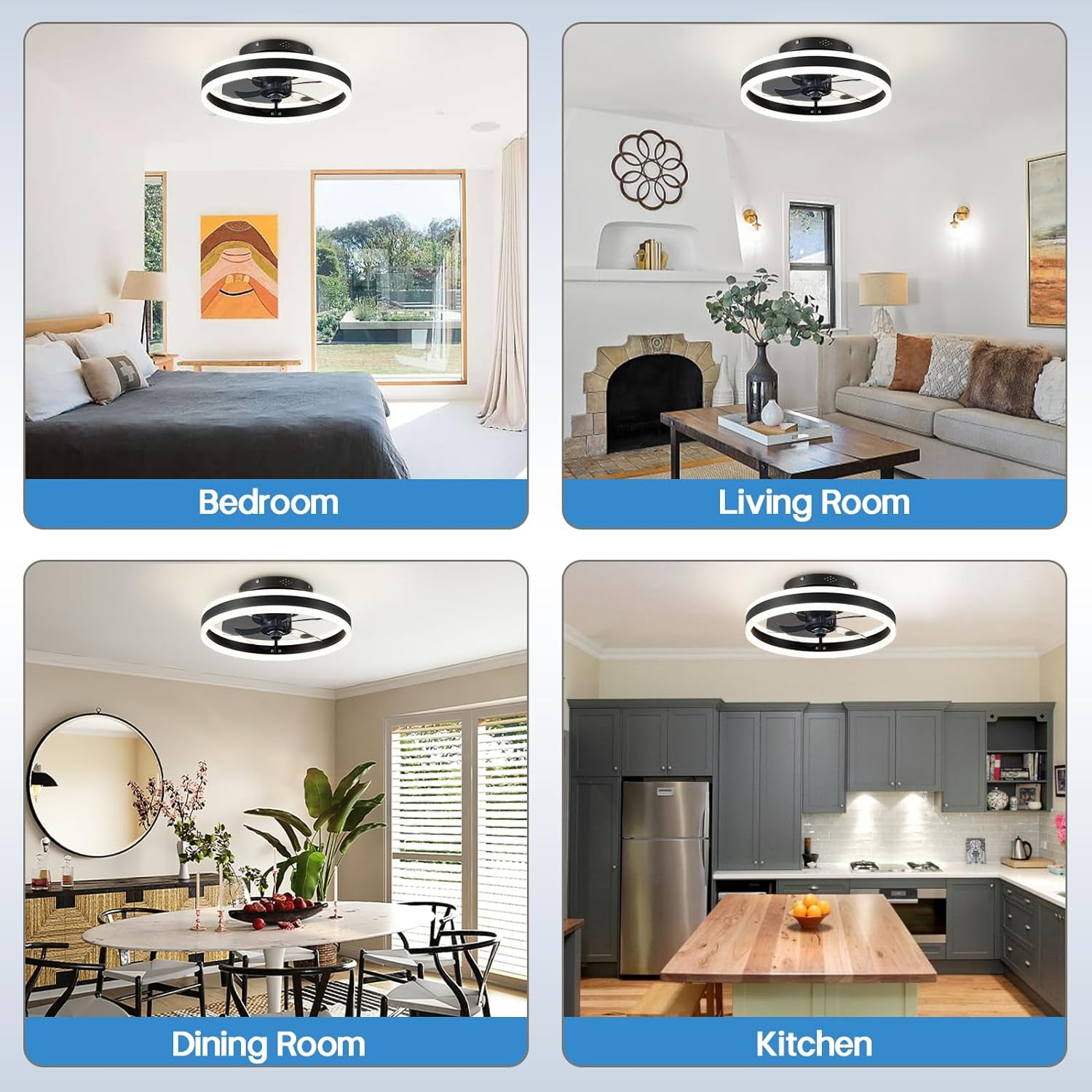 Surnie Low Profile 15.7" LED Small Ceiling Fan with Light - Modern, Semi-Enclosed Flush Mount, Smart APP & Remote Control, 6-Speeds, Black - Perfect for Bedroom and Living Room