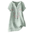 thumbnail image 4 of Womens Tops Linen Cotton Neck Blouse Short Sleeve Embroidered Top with Buttons Fashion Casual Shirt for Summer Daily Wear, 4 of 5