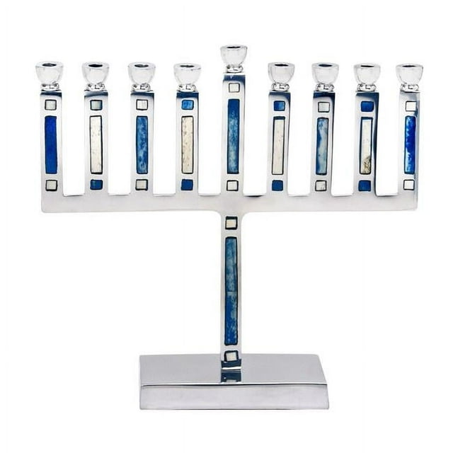 Israel Giftware Designs M-666 Menorah en Aluminium avec Incrustation Bleue et Blanche
